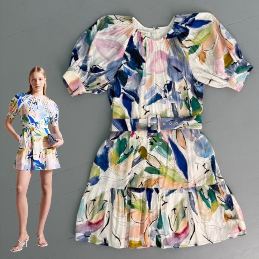 Ted Baker Rita Floral Belted Mini Dress: Puff Sleeve Dress with Belt wPOCKETS